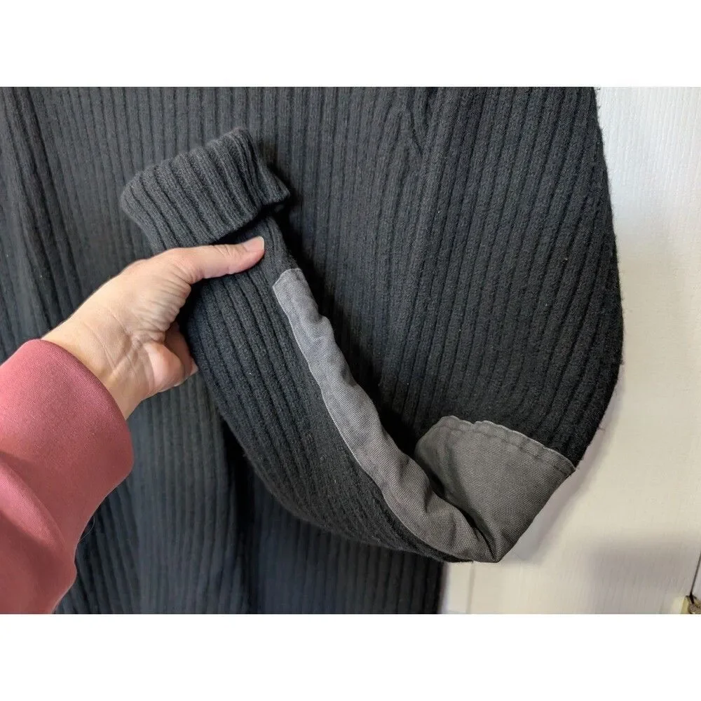 LL Bean Sweater Mens Large Black Commando Merino Wool Ribbed Knit Elbow Patches